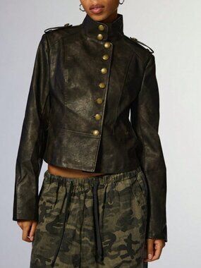 Black Casual Women's High Neck Faux Leather Jacket